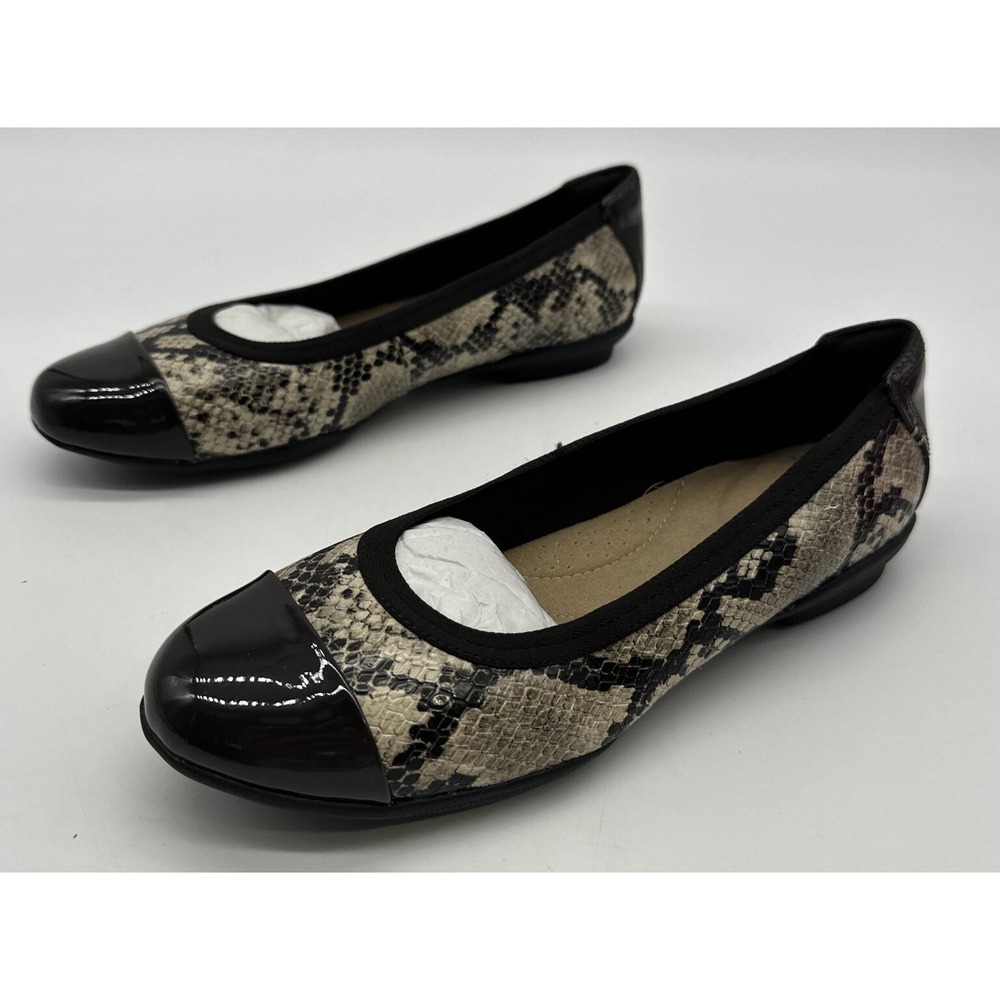 Clarks Womens Size 6.5 Cap-Toe Flats Taupe‎ Snake Sara Orchid